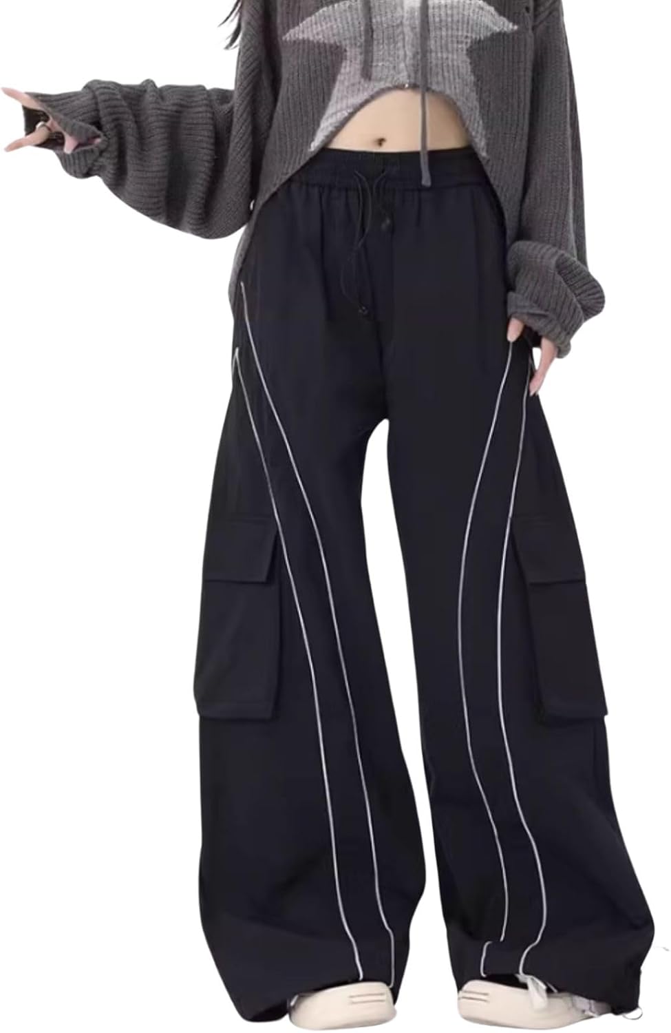 Cargo Sweatpants for Women Teen Girls Baggy Low Rise Wide Leg Pants Elastic Waist Track Pants with Pockets