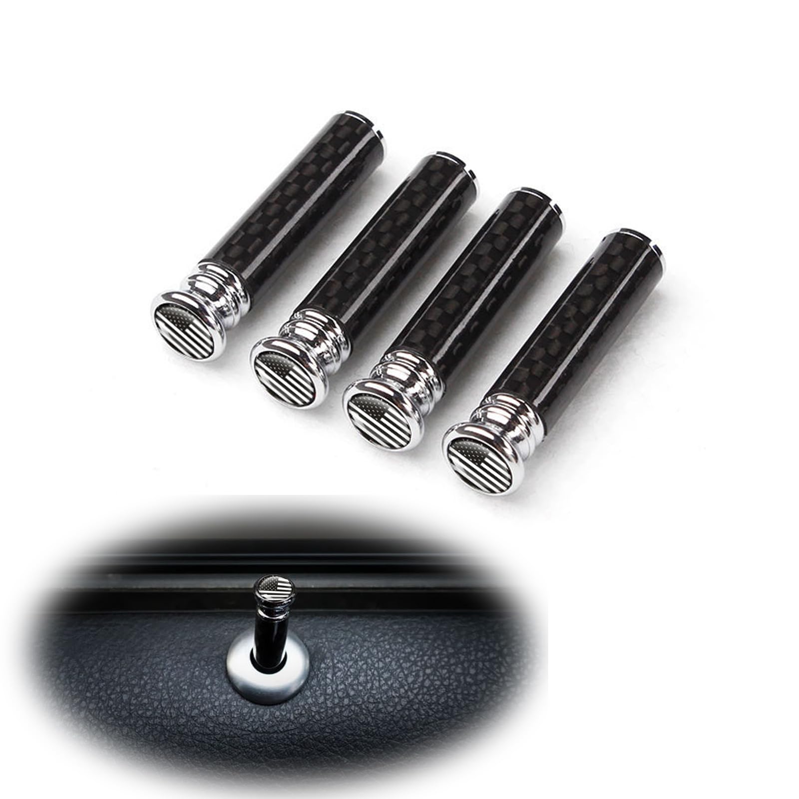 ZKFAR 4 PCS American Flag Car Modification Door Lock Knob, Carbon Fiber Metal Vehicle Door Lock Knob Pull Pin Cover, Universal Automotive Door Handle Accessories for SUV Truck Van (Black)