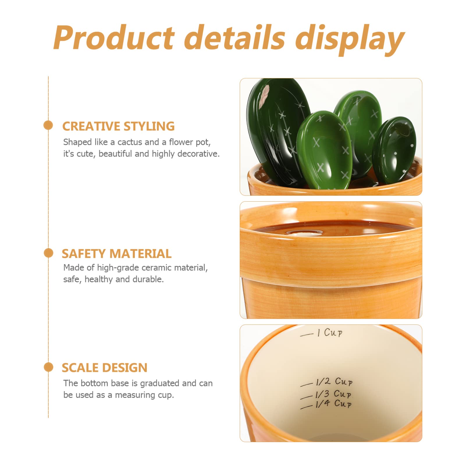BESTYASH Juego de Cucharas Medidoras y Base Naranja de Cerámica Forma de Cactus Utensilios de Cocina Prácticos Capacidad 290ml y Ahorrar Espacio para Hornear