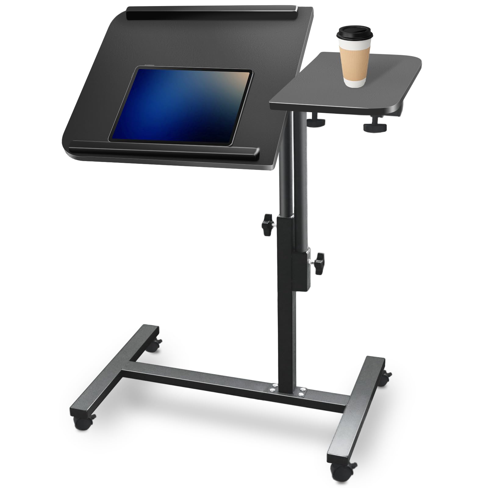 jd concept tilt-swivel dual black desktop bed side table tray with wheels, adjustable height laptop over bed table, folding lightweight hospital bed table