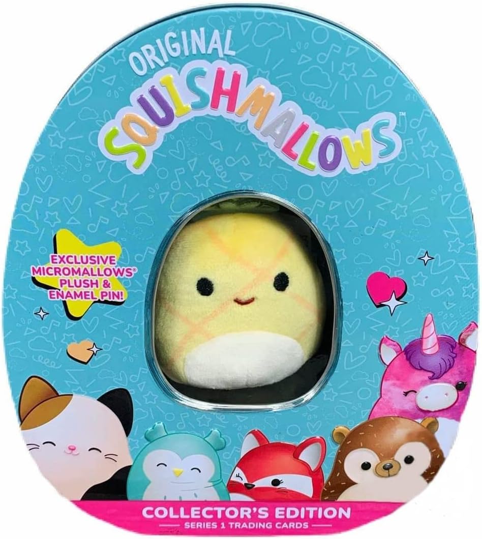 Squishmallows Official Kellytoy Collector's Tin Set with Micromallow Exclusive Pin and Trading Cads Choose Your Favorite or Collect Them All (Maui The Pineapple)