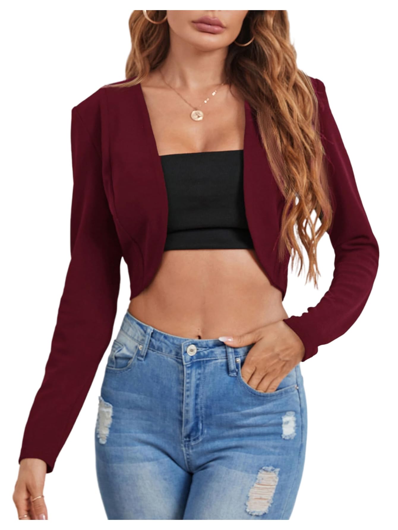 GORGLITTER Womens Open Front Crop Blazer Long Sleeve Jacket Coat