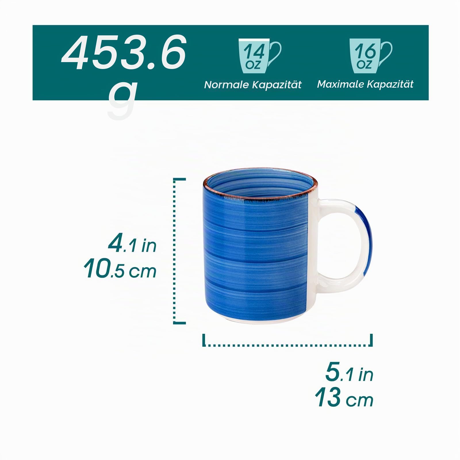 vancasso BONITA Kaffeetassen set 6er, Tassen Set Steingut, 480ml Kaffeebecher mit Henkel, Espressotassen, Teetassen groß, Geeignet für verschiedene Getränke, Kühle Farbe