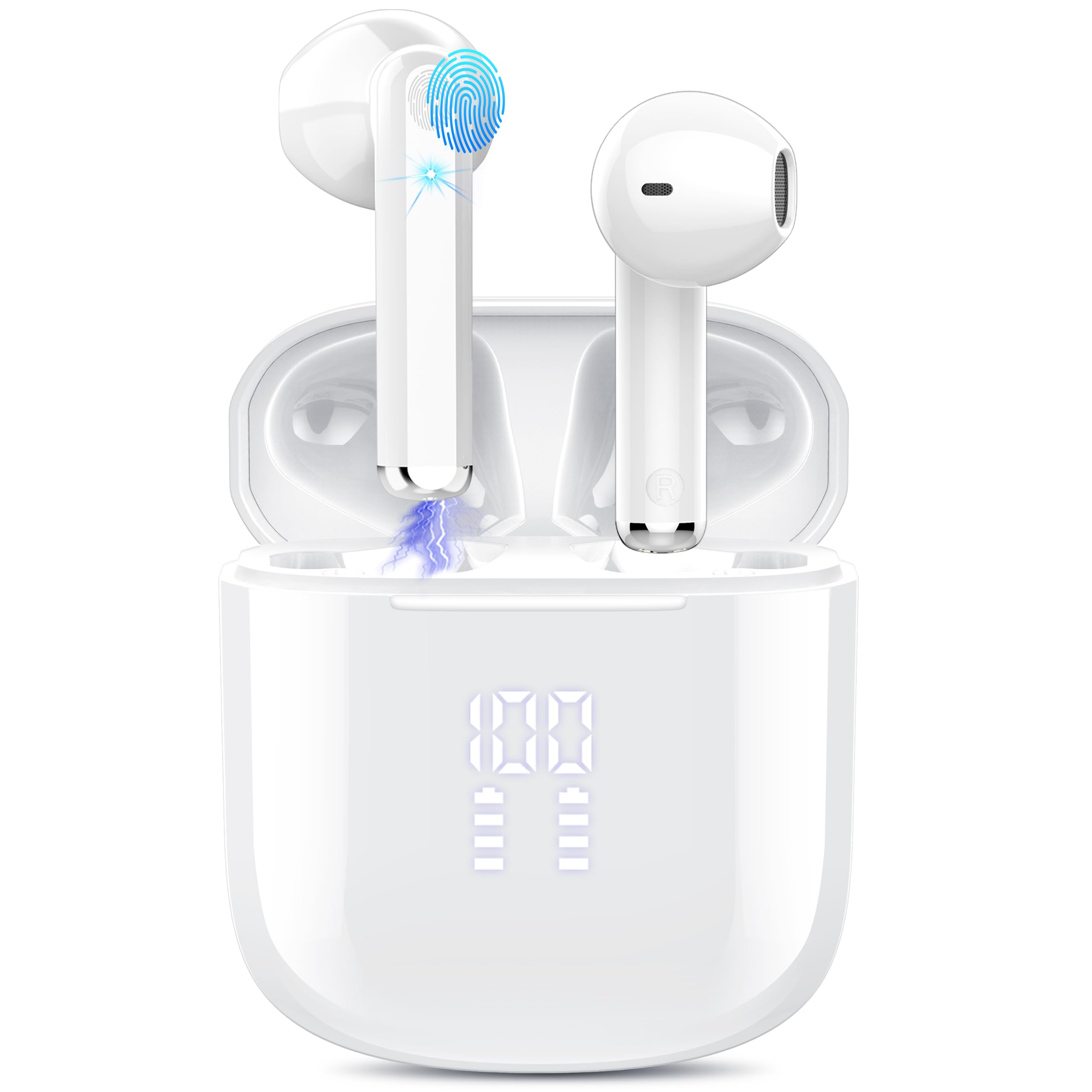 OYIB Wireless Earbuds, Bluetooth 5.3 Headphones in Ear with Stereo Sound, 4 ENC Noise Cancelling Mic Bluetooth Earbuds 25H Playtime, LED Display Wireless Earphones IP7 Waterproof, White