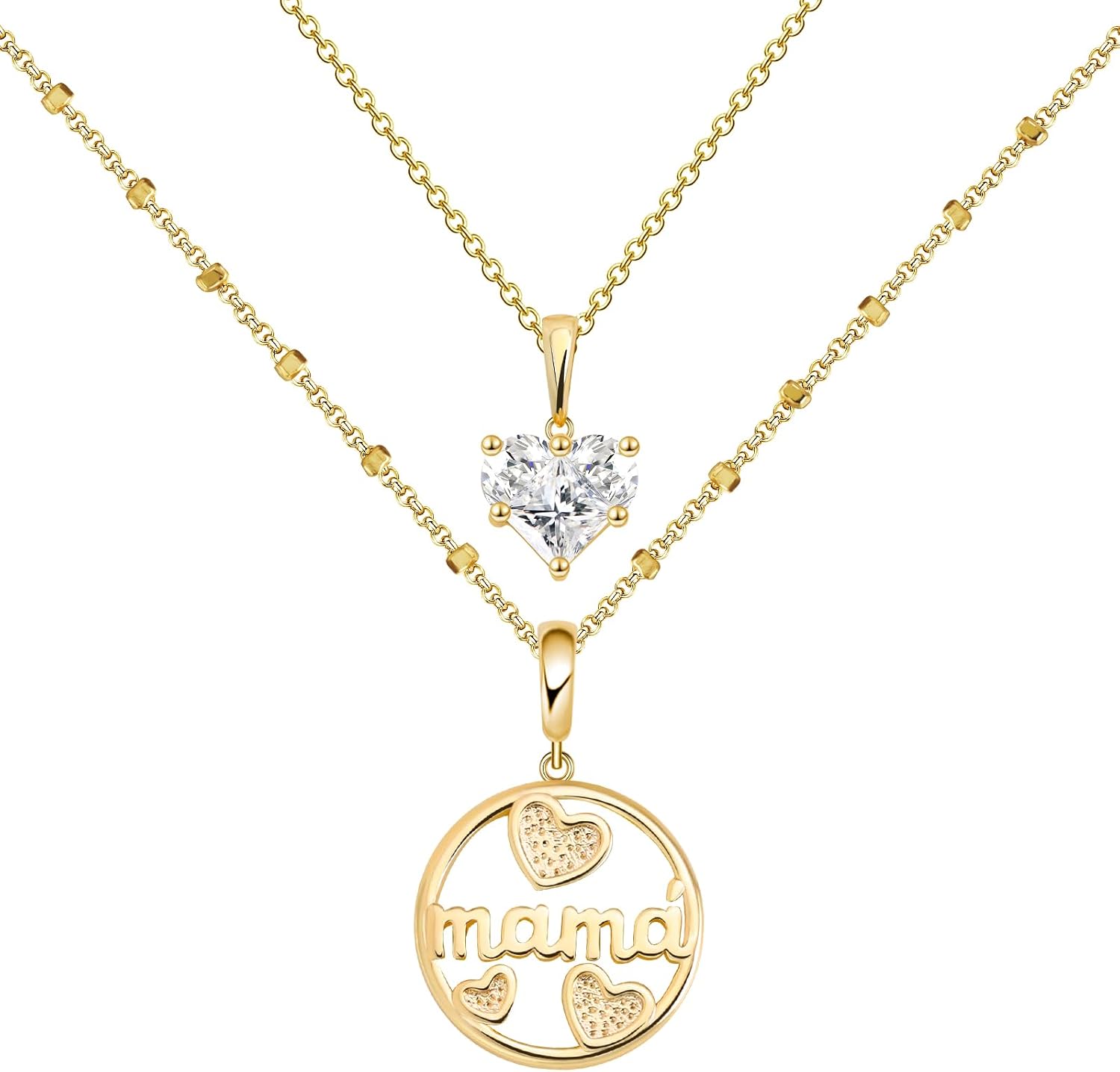 14K Gold Mom Pendant Necklace for Women, CZ Heart Pendant Necklace for Mother Gifts