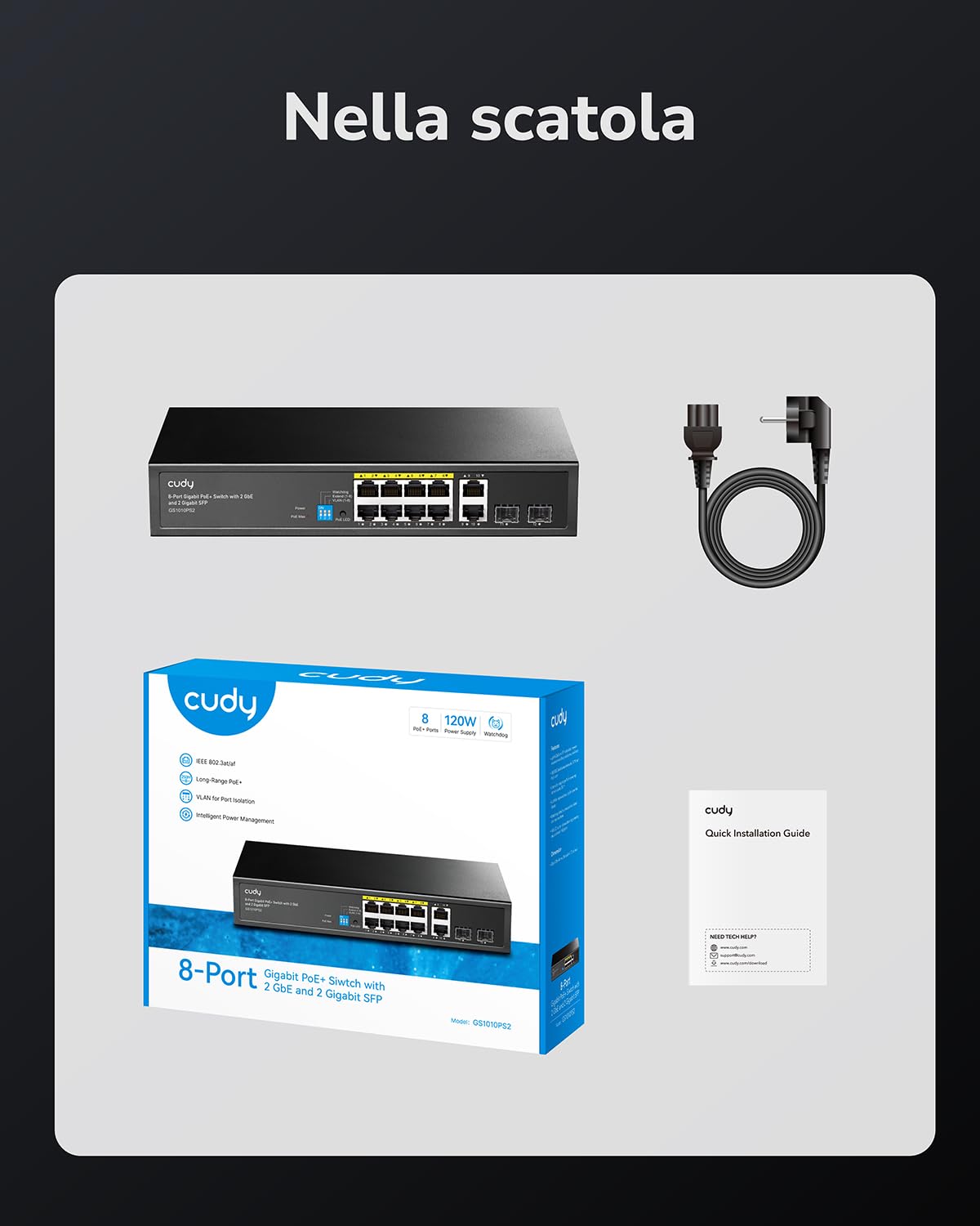 Cudy Switch Gigabit Ethernet Non Gestito PoE+ 8 Porte, 120W, 8 Porte Gigabit PoE+, 2 SFP, 2 Porte Uplink, Modalità VLAN/Extend, 802.3af/at, GS1010PS2