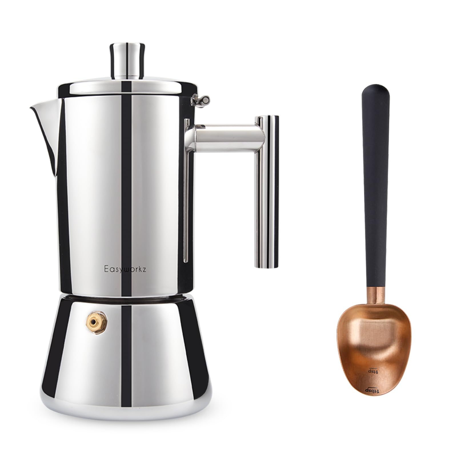 EasyworkzDiego Stovetop Espresso Maker 6Cup 10 oz Moka Pot, Bundled with Stainless Steel Long Hollow Handle Coffee Scoop,7g Measuring Spoon for Ground Coffee and Loose Leaf Tea, Rose Gold-Black