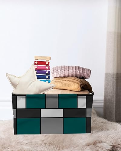 Miniatura 7 de Cesta de almacenamiento geométrica gris turquesa para organizar estantes, cajas de almacenamiento plegables con asa, cesta de lona moderna blanca