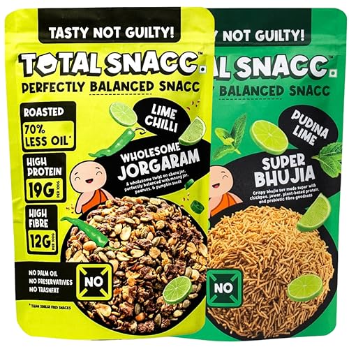 TOTAL SNACC Tangy Lime Combo (125g x 2 Packs) | High Protein 19g | High Fibre 12g | Roasted Not Fried | 70% Less Oil | No Palm Oil | Lime Pudina Super bhujia & Lime Chilli Wholesome Jorgaram | Baked Namkeen | Baked Bhujia | Healthy Snacks | Millet Snacks | No Preservatives | Zero Cholestrol | Diabetic Friendly