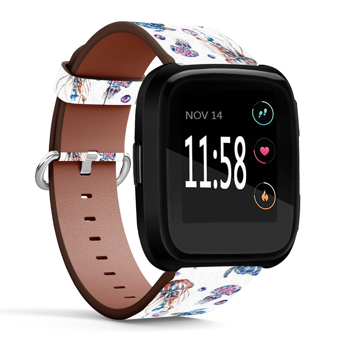 Mingdao Compatible with Fitbit Versa 2 / Versa/Versa Lite/Versa SE Patterned Leather Replacement Band (Sea Turtle And Jellyfish)