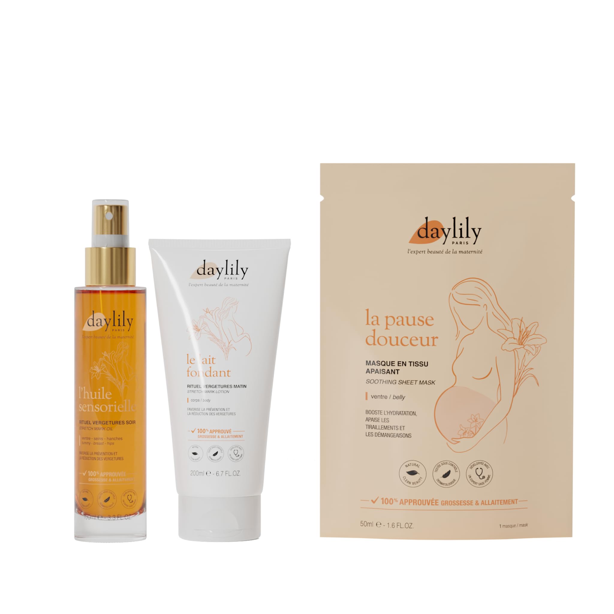Daylily Mon Baby Bump | Fondant Milch Ritual Dehnungsstreifen Morgen 200 ml | sensorisches Öl Ritual Dehnungsstreifen Abend 100 ml | Maske 50 ml | beruhigt und nährt | Vegan & Cruety Free| hergestellt