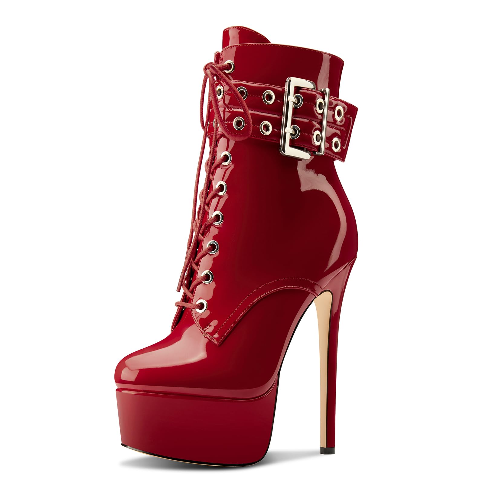 Aachcol Womens Stiletto High Heel Platform Ankle Boots Round Toe Lace-up Zipper Mid Calf Buckle Patent Leather Dress