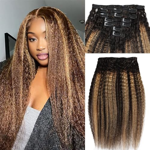 Kinky Straight Clip-in Hair Extensions - 100% Real Human Hair, 7Pcs, 100g Seamless, TP1B/27, 12 Inch for Black Women