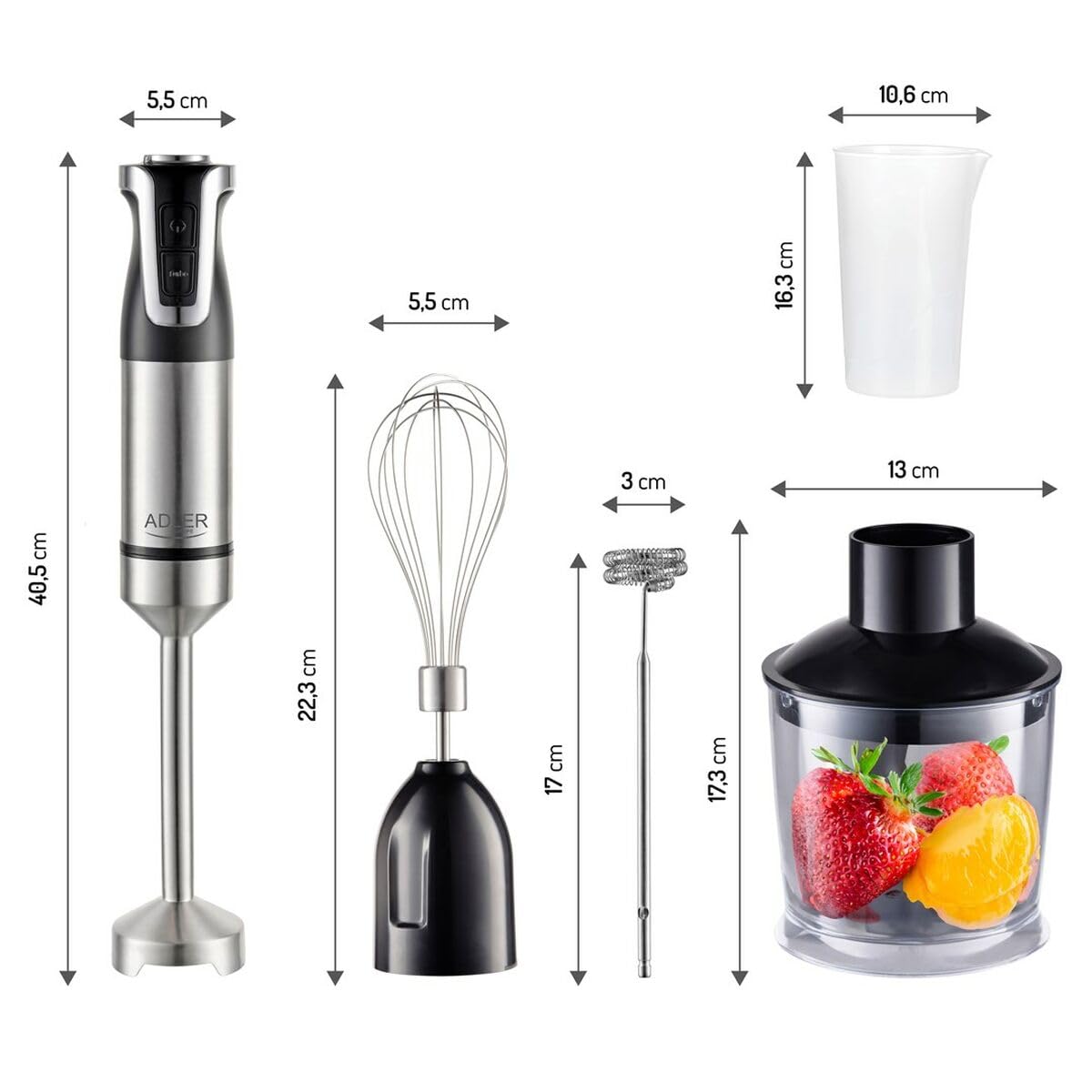 ADLER EUROPE Mixeur Plongeant AD 4627 – 1800 W de puissance, 20 vitesses avec fonction Turbo – 4 lames en acier inoxydable, hachoir 600 ml, verre doseur 700 ml, fouet, mousseur à lait
