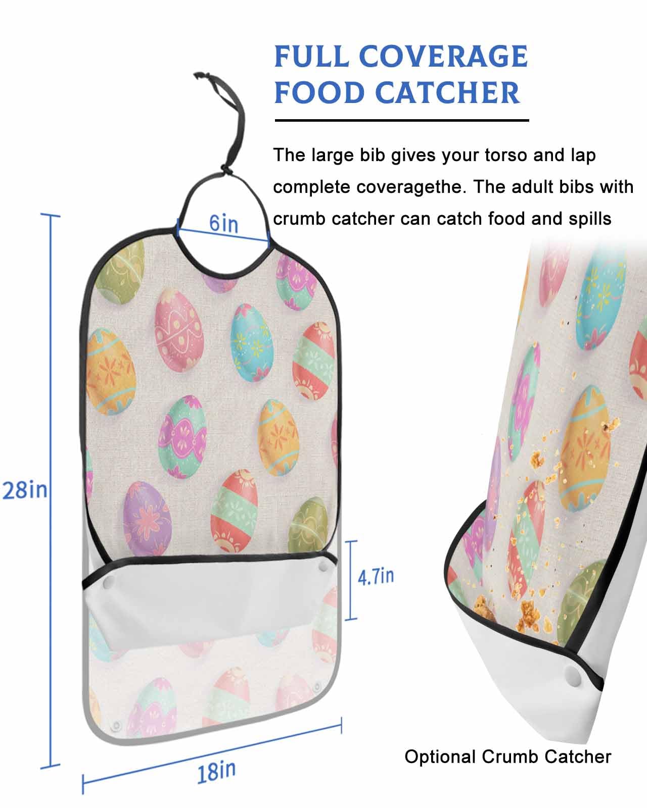 LEOKOTI Spring Easter Adult Bibs for Eating, Waterproof Bibs with Food Catcher & Adjustable Snap Closure, Colorful Eggs Farmhouse Rustic Washable Clothing Protectors Adult Bibs for Elderly Women/Men