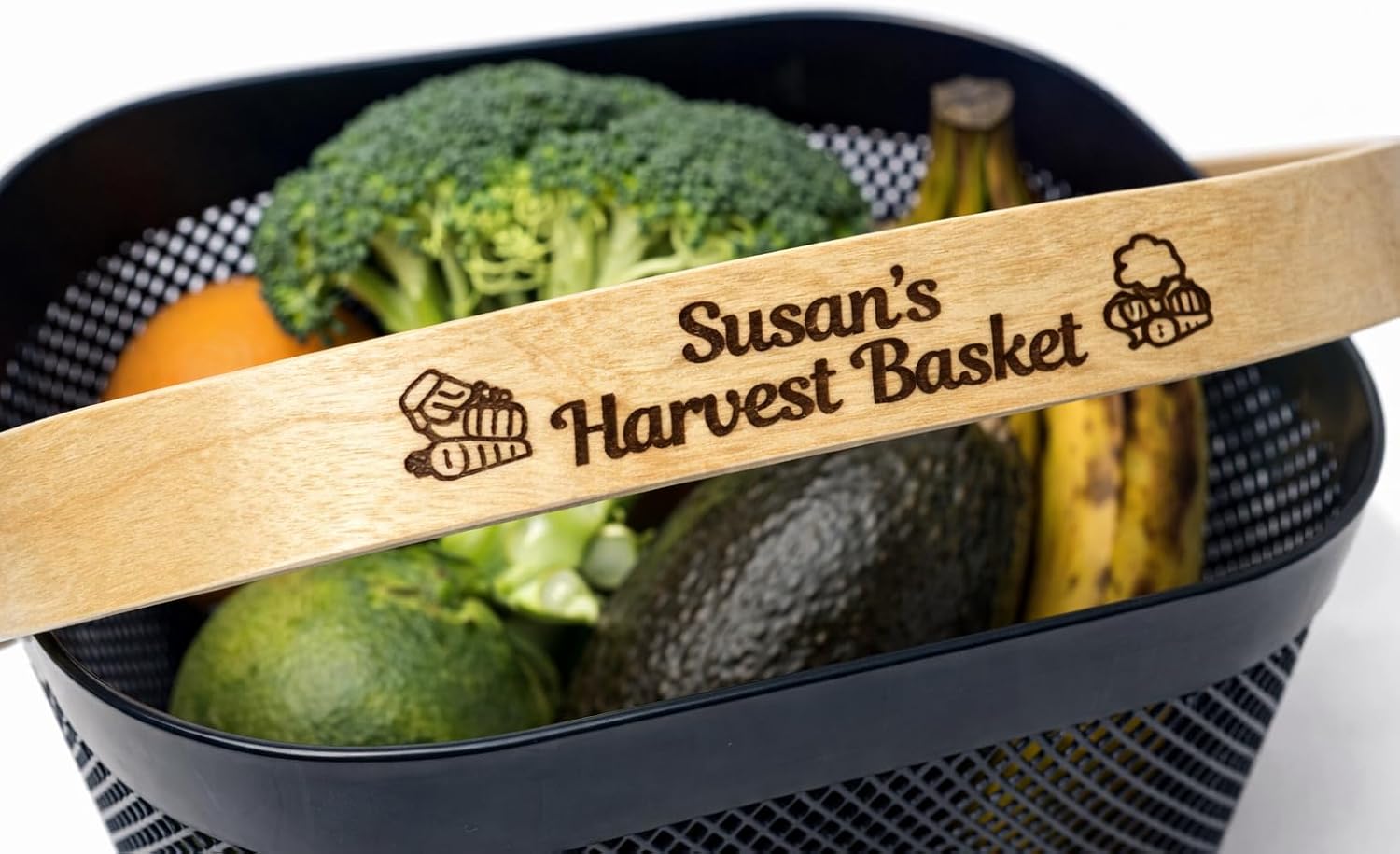 Harvest Basket Plastic Mesh Garden Hod with Personalized Bamboo Handle – Lightweight Vegetable Harvest Basket for Gardening Washing and Carrying Produce