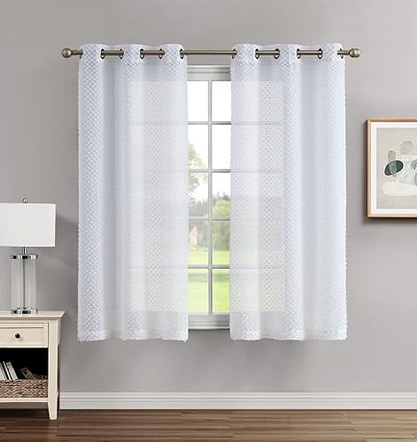 Miniatura 7 de Creative Home Ideas Cortinas traslúcidas (2 paneles, 38 x 63 pulgadas, blancas), cortinas con pompones de privacidad con alzapaños, cortinas