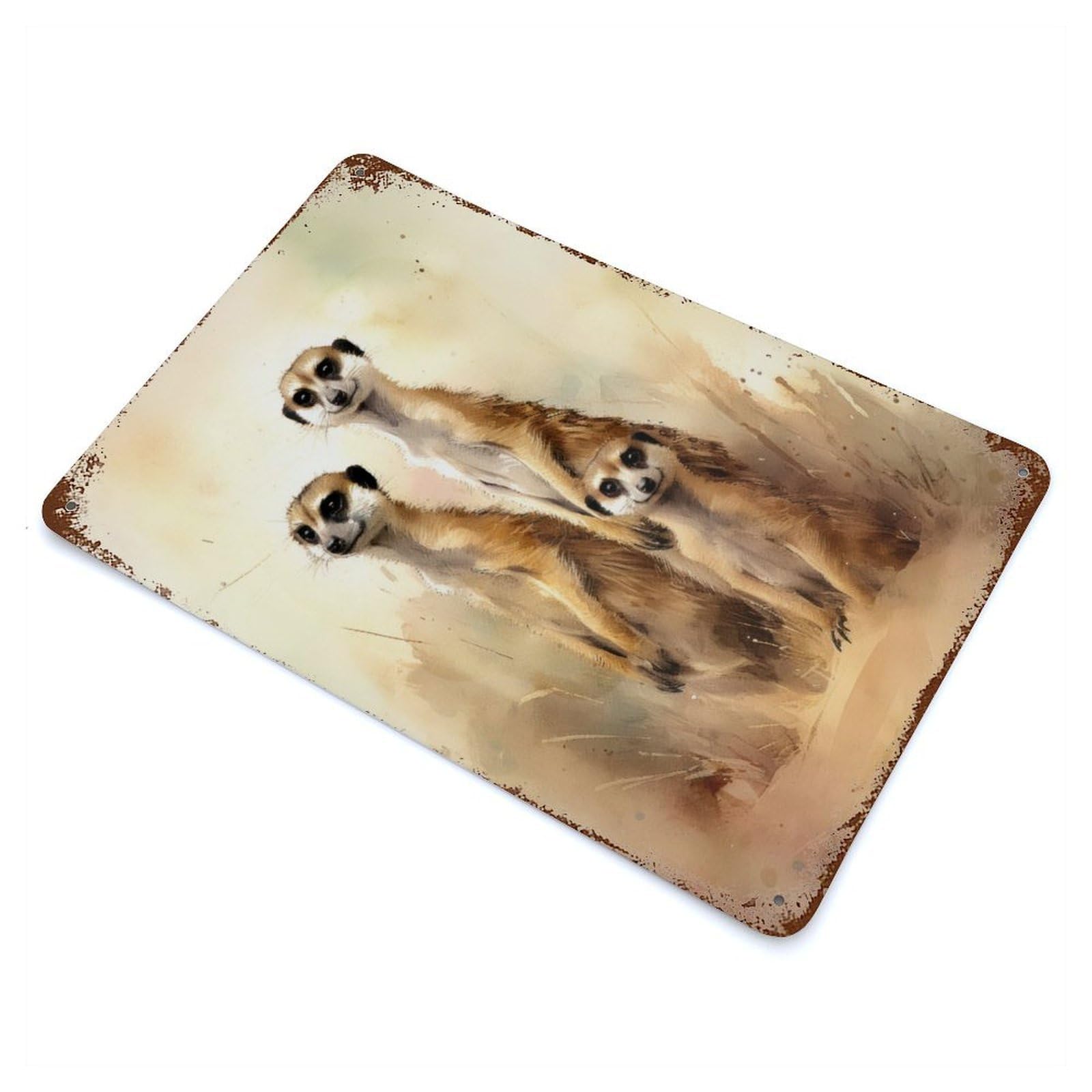 Three Meerkat Watercolor Vintage Rust Metal Sign 11.8"x7.9", Farmhouse Wall Decor for Garage, Pub Or Kitchen