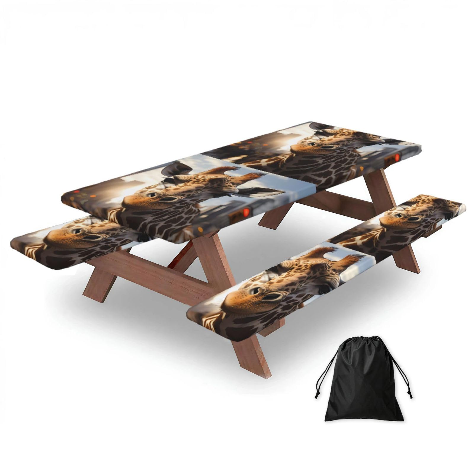 Erwqavc Black New York Giraffe Street Print Picnic Table Cover & Bench Covers 3-Pack Set, Elastic Tablecloths For 6 Ft Rectangle Tables