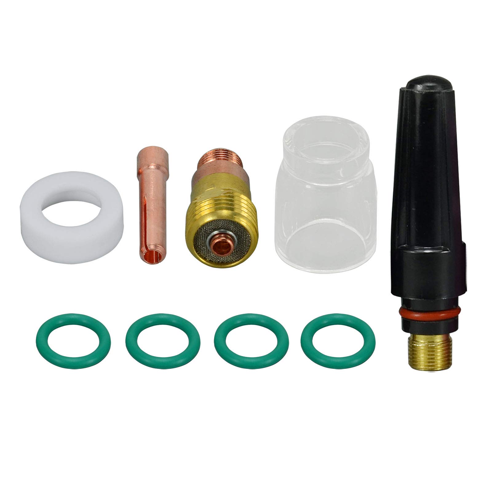 RIVERWELD TIG Stubby Gas Lens Collet Body 17GL18 10N25S 3.2mm Glass Cup Clear Quartz Nozzle #8 12.5mm 53N61S TIG Back Cap 57Y03 Kit for SR WP 17 18 26 TIG Welding Torch 9pcs — image 1