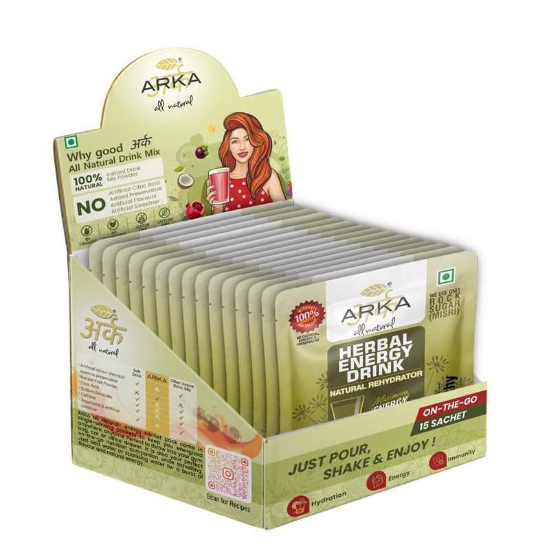 Arka All Natural Herbal Energy Drink Powder – 15 Sachet Box | Caffeine-Free | Boosts Immunity & Hydration | No Artificial Additives | Ayurvedic Blend