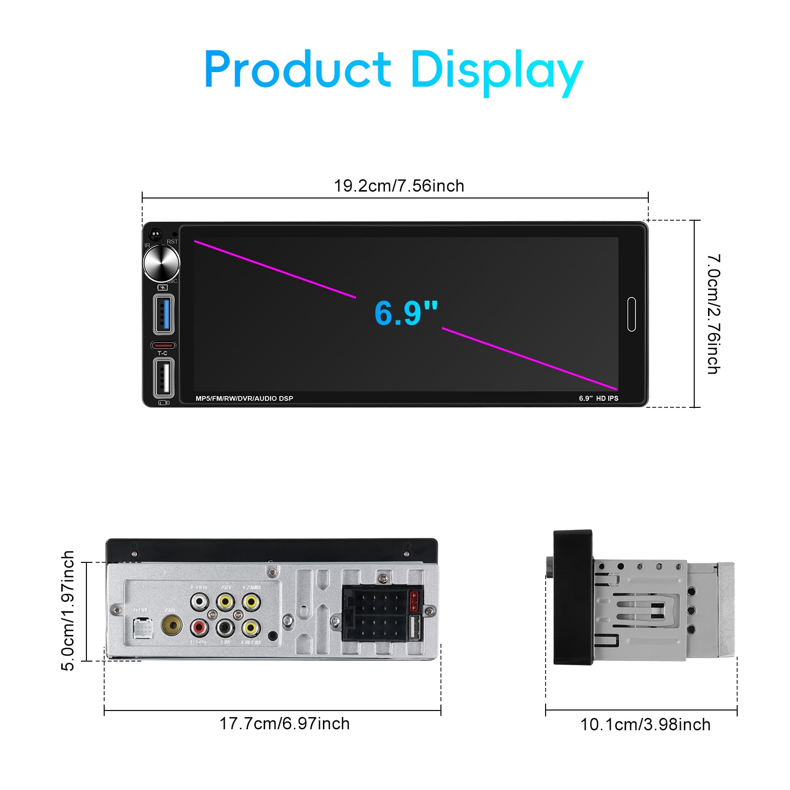 Hikity 6.9" 1 DIN CarPlay Radio Coche con Bluetooth FM Cámara Trasera | IPS Pantalla Táctil Android Auto Wireless CarPlay Mirror Link EQ Control del Volante Manos Libres USB AUX