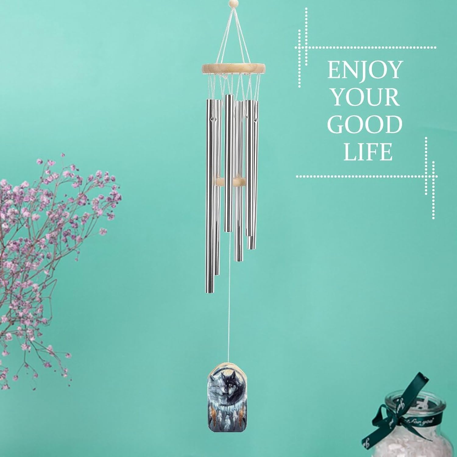 Wolf Dreamcatcher Wind Chimes for Outside with Relaxing Rich Sound, Memorial Wind Chimes Gifts for Mom,Great Gift for Your Own Patio, Porch, Garden, and Backyard