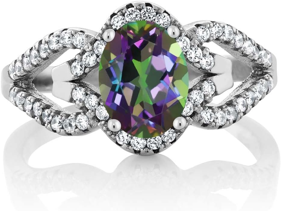 Gem Stone King 1.62 Cttw Green Mystic Topaz Ring for Women | 925 Sterling Silver | Gemstone Birthstone | Oval 8X6MM | Wedding Engagement Anniversary Promise Ring For Women