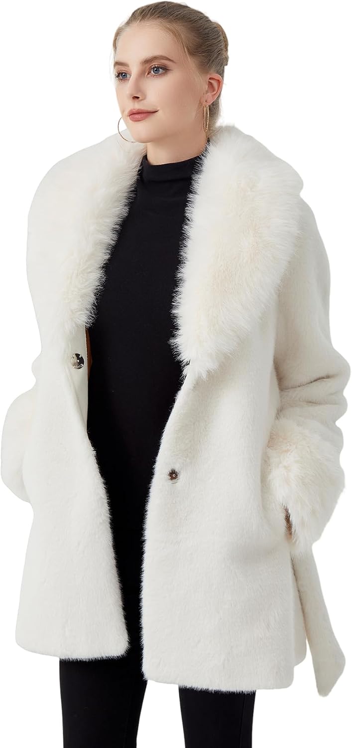 GRAN ORIENTE Womens Long Faux Fur Collar Coats,Belted Long Sleeve Lapel Furry Winter Jacket