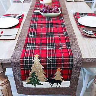 Baogaier Christmas Table Linen 35x180 cm Double Layers Buffalo Plaid Embroidered Table Cloth, Xmas Table Runner Cotton for Holiday Christmas Home Tablecover Decorations - Red & Green