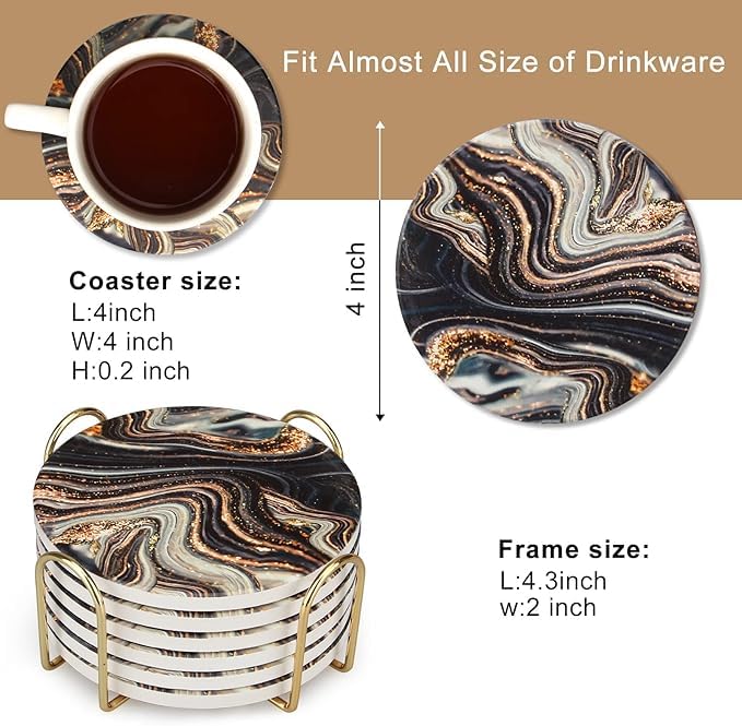 Image of 6 Pcs Black and Gold Wood Coasters with Holder Best Round Absorbent Coasters for Drinks, Coffee, Beer, Table Marble Personalized Coaster Sets