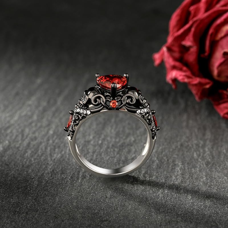 Jeulia Halloween Skull Schwarz Ring Rot Herzschliff Schädel Silberring Gothic Rundschliff Totenkopfring mit Marquise Stein Fingerring Modern Skelett Ringe für Damen Herren Geschenk