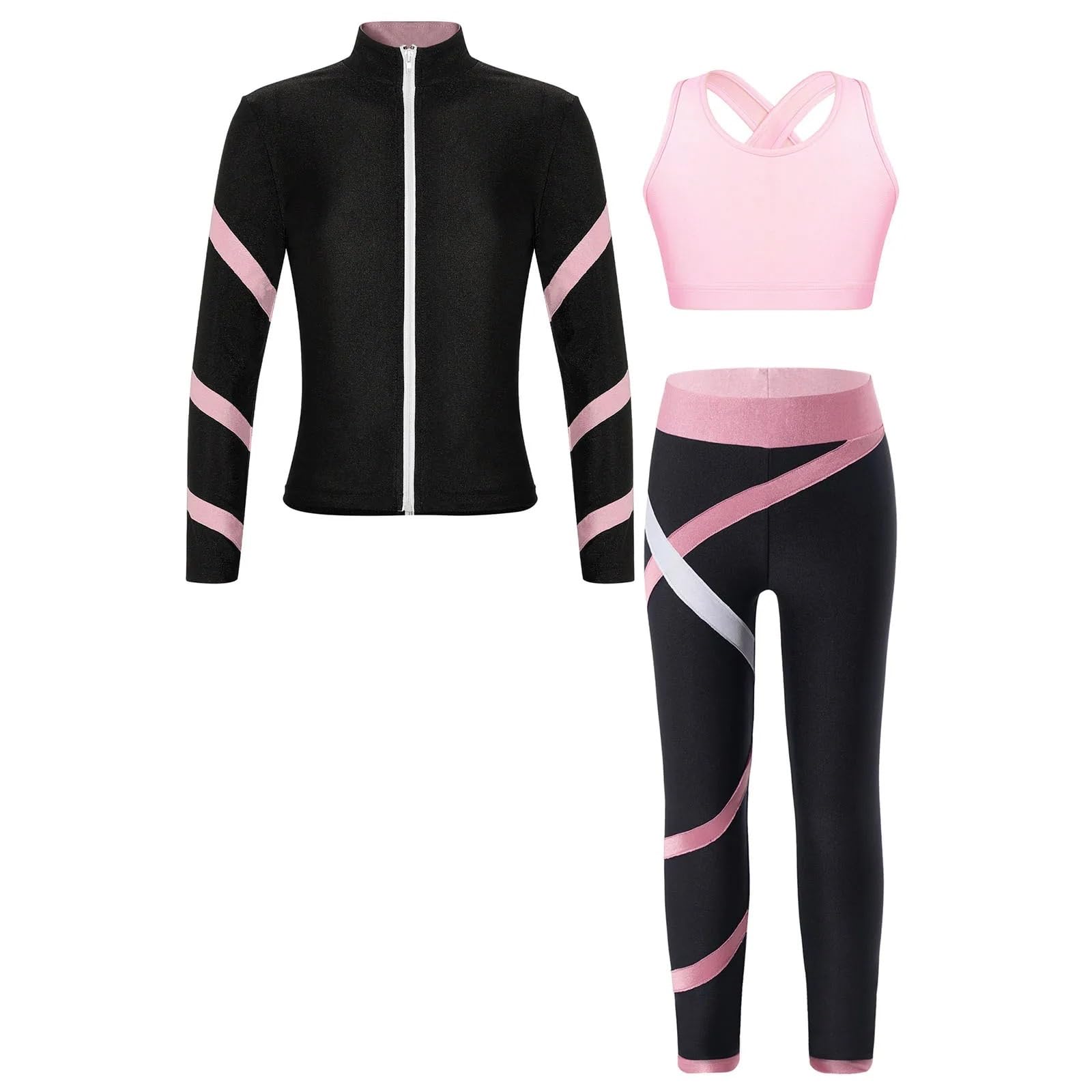 Abbigliamento Bambina Tuta da Bambina for Bambina, a Righe, a Maniche Lunghe, Sportiva, Gilet Senza Maniche, Leggings for Danza Classica, Ginnastica, Yoga, Corsa(Pink,12)