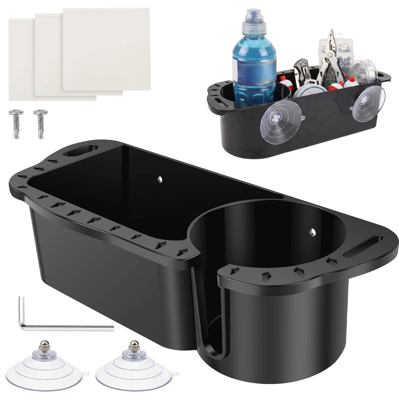 Foppla Black Boat Storage Organizer Caddy With Cup Holder, Marine Abs Storage Box With Suction Cup, Universal Fit For Boat, Kayak, Pontoon, Bass, Jon, Fishing Accessories, Easy To Install(Black)