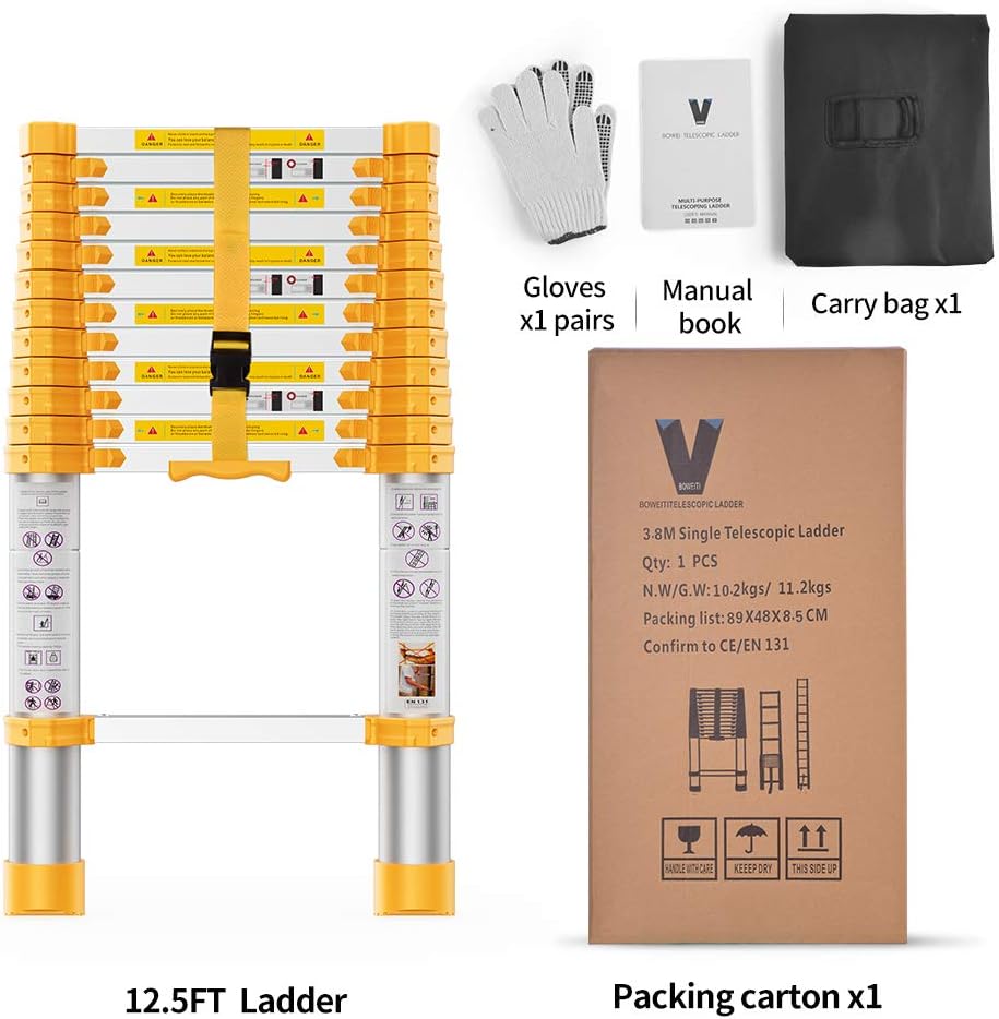 Best Promo BOWEITI Telescoping Extension Ladder 12.5FT Heavy Duty Upgrade,Step Ladders Made of Metal，Aluminum Telescopic Ladder with Upgrade Material/Accessories