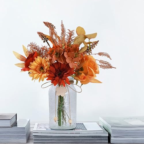 Miniatura 4 de Flores de seda con jarrón, arreglo de flores artificiales con jarrón de cristal, margaritas de rosas sintéticas para decoración de centro de mesa