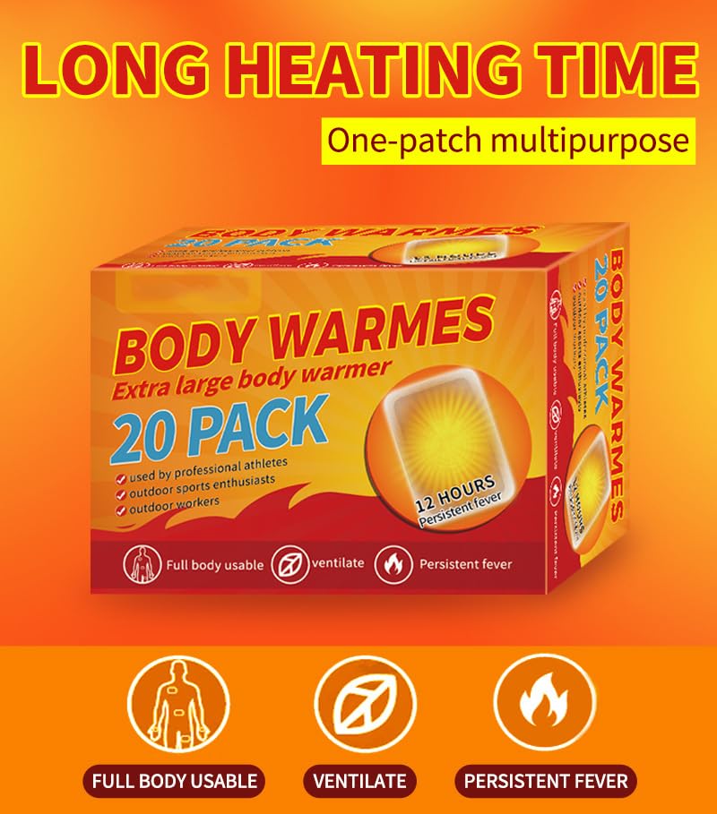 20PCS Body Warmers Stick On Heat Pads for Back Pain Relief - Instant Heat Patches (Period Pain Relief) - Lasts 8 Hours, Reliable Warmth, Air Activated for Hiking, Outdoor Activities, Skiing