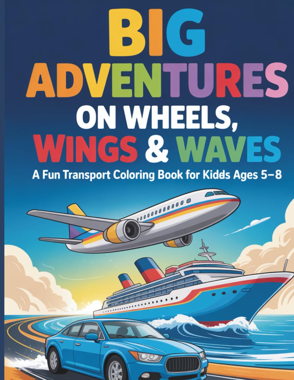 Big Adventures on Wheels, Wings & Waves: A Fun Transport Coloring Book for Kids Ages 5–8