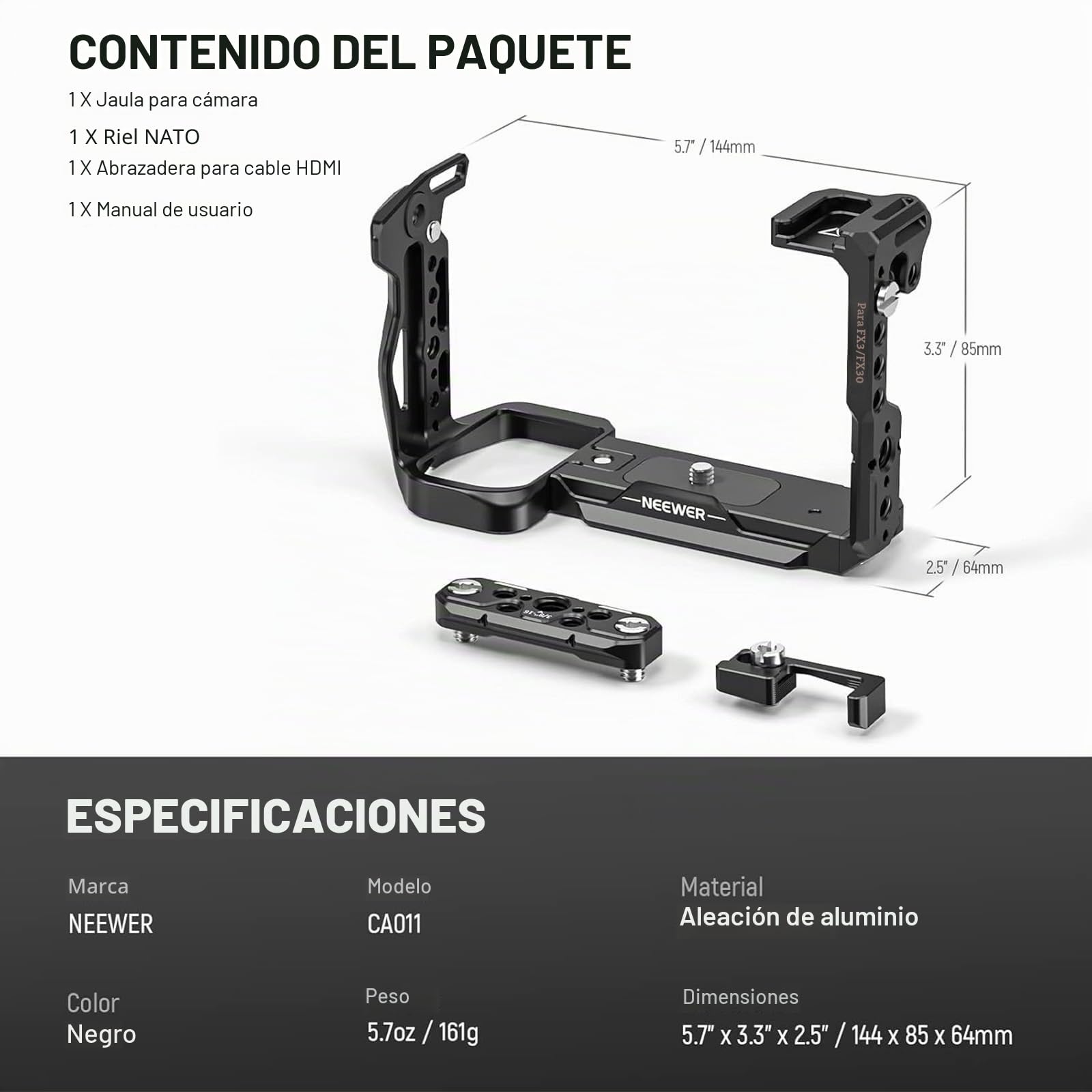 NEEWER FX3/FX30 Jaula con HDMI Cable Clamp, Riel NATO, Agujeros de Posicionamiento ARRI de 3/8", 1/4" Roscas, Compatible con Sony FX30 FX3 Original XLR Handle,Compatible con DJI RS3 RS2 Gimbal, CA011