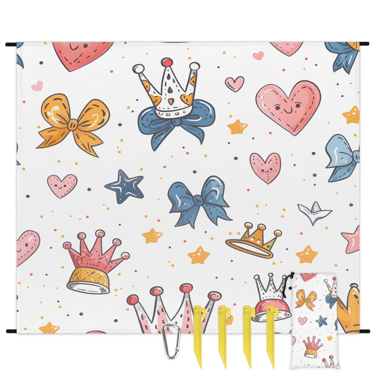 Eabrults Waterproof Sandproof Beach Blanket, 59''×68'' Crown Polyester Outdoor Picnic Blanket with 4 Stakes & Storage Bag for Beach,Camping,Vacation White Background