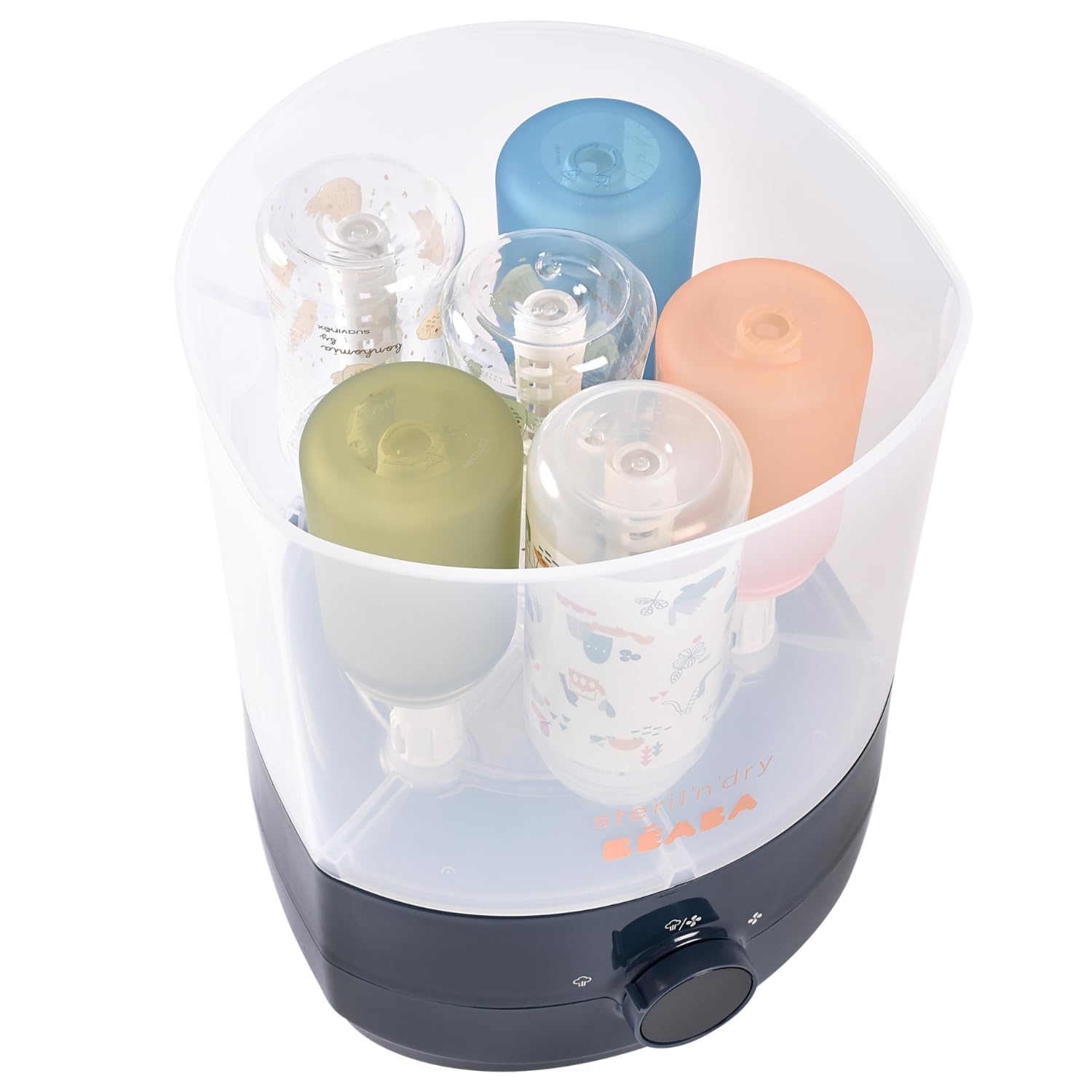 Béaba Esterilizador Secabiberones y Accesorios 2 en 1, 2 Compartimentos, 3 Modos, Elimina el 99.9% de las Bacterias, Gran Capacidad, Sin Filtro, Modular, Sencillo y Rápido, Steril'n'Dry, Azul Noche