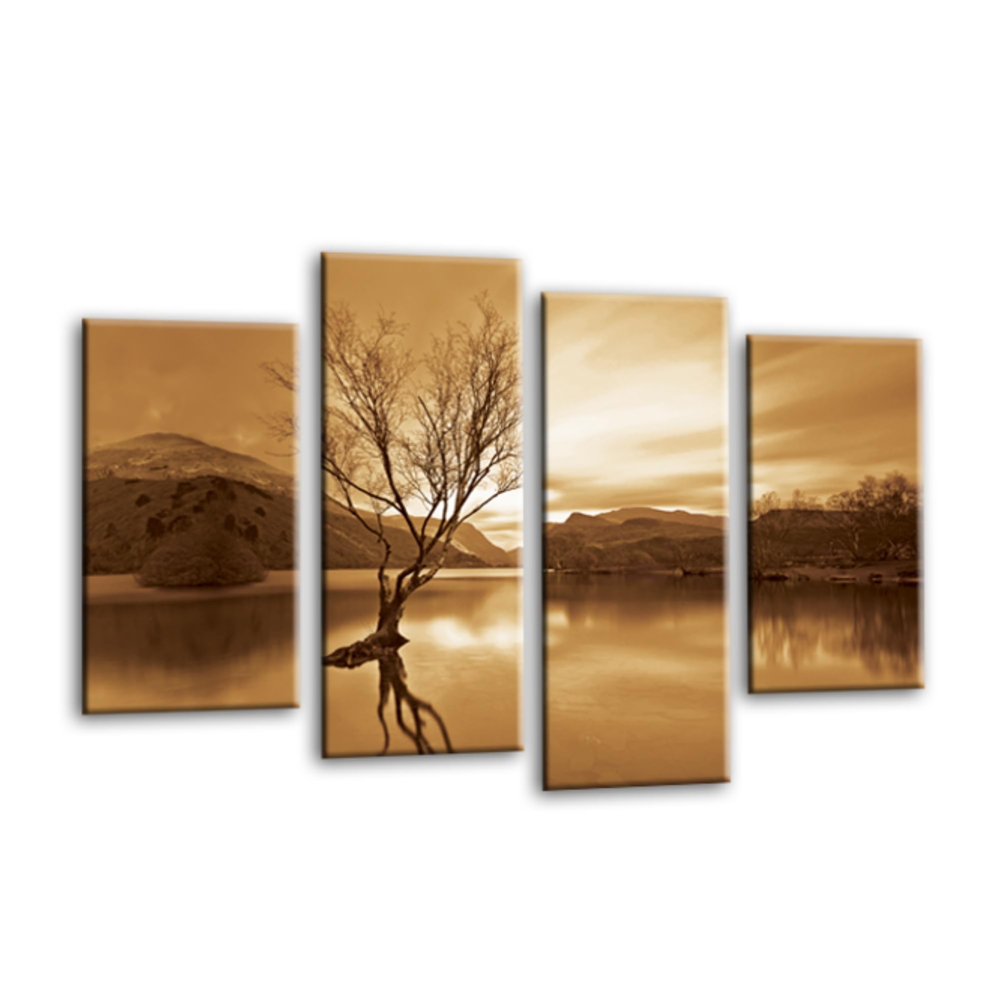 LR Landscape Lake Wall Art Picture – Cream & Brown Mountain Floral Framed 4 Panel Split Canvas Print | Ready to Hang | Nature Wall Art for Living Room, Bedroom & Office