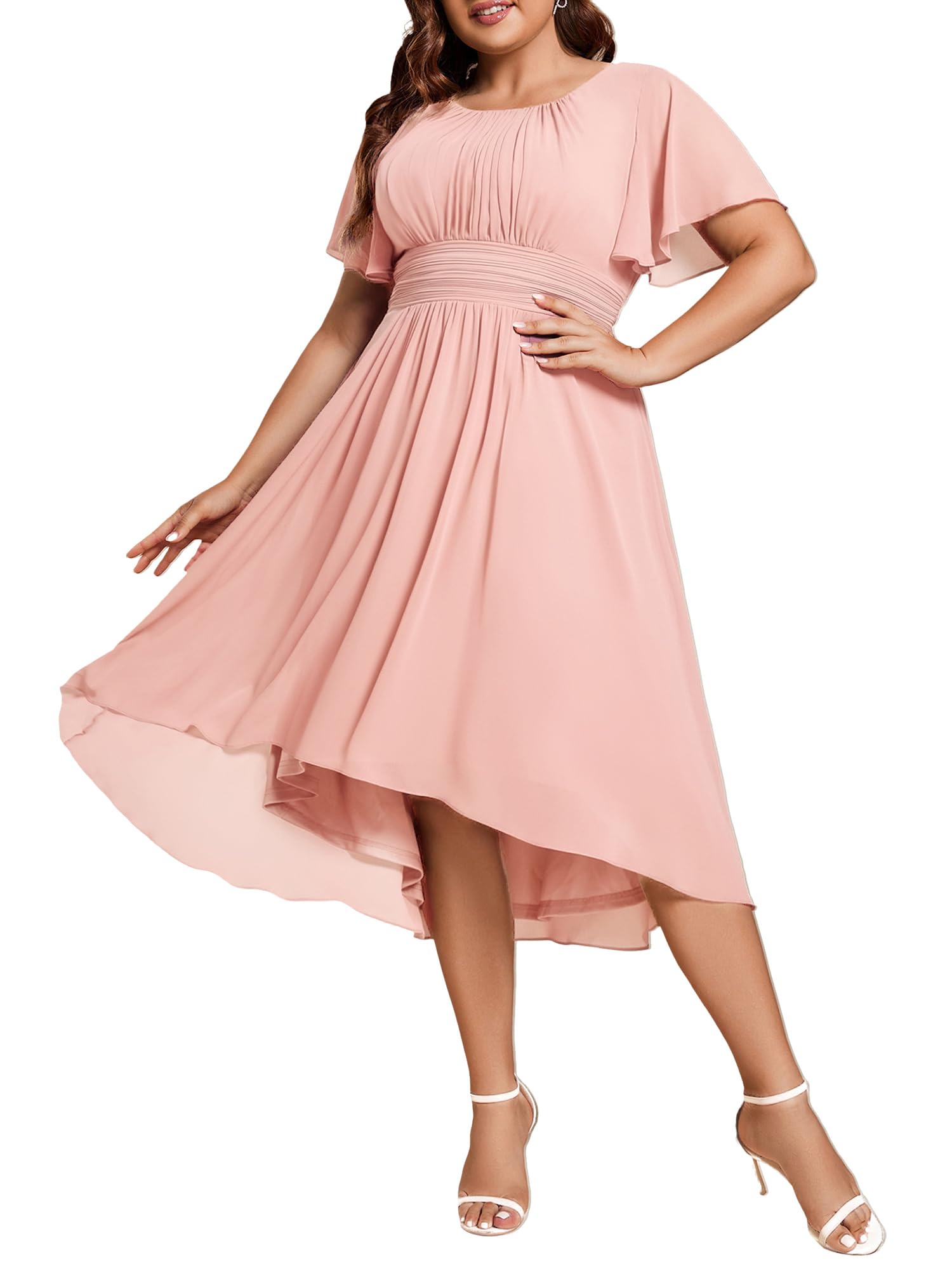 Ever-Pretty Women's Plus Size Formal Wedding Guest Dresses for Curvy Women A Line Chiffon Midi High Low Cocktail Dress
