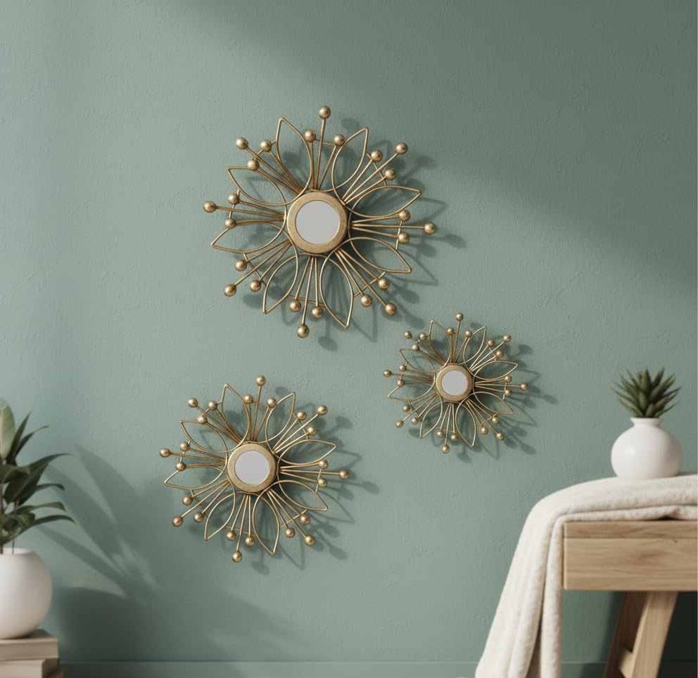 Image of Metal Wall Art with Mirror for living room and Home Decorations, Metal Wall Hanging Decoration for Living Room Office Bedroom,| Gift Items (Pack of 3 different sizes)