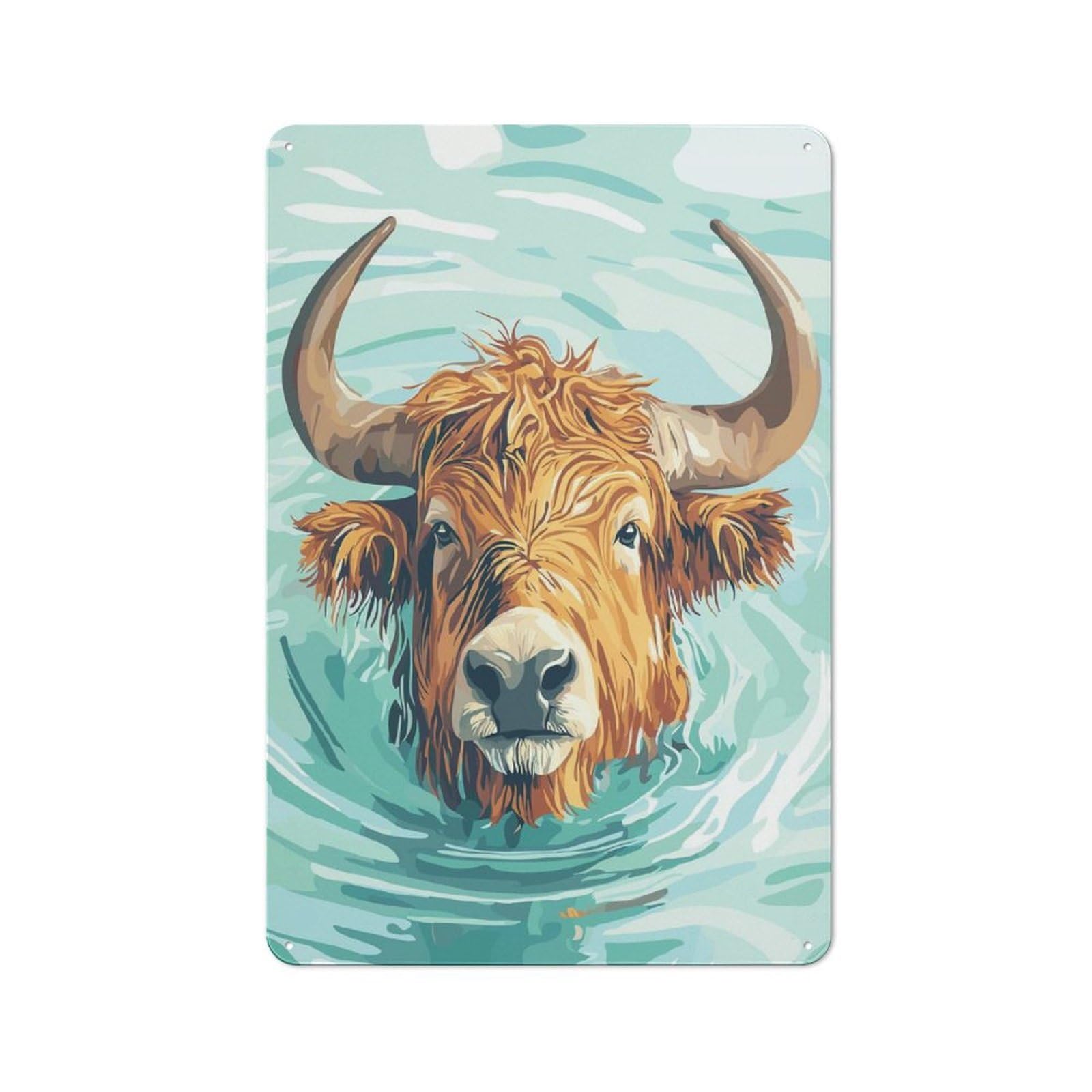 Junmoney Style-2 Swimming Highland Cow Illustration Printed Metal Sign 30X20cm For Man Cave Or Games Room, Suited To Games Room Collectors
