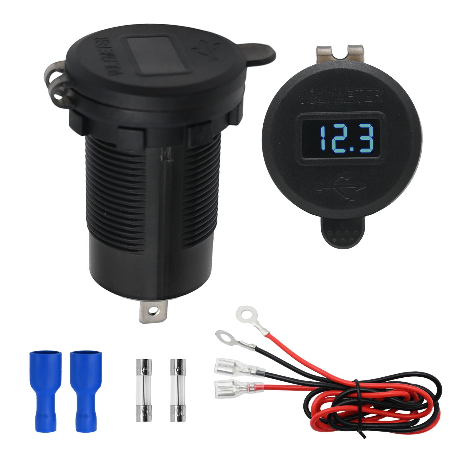UOIENRT12V USB C Car Socket, 3-Port Marine USB Fast Charger, Waterproof Round Outlet with Switch & Voltmeter for Boat Truck Golf Cart