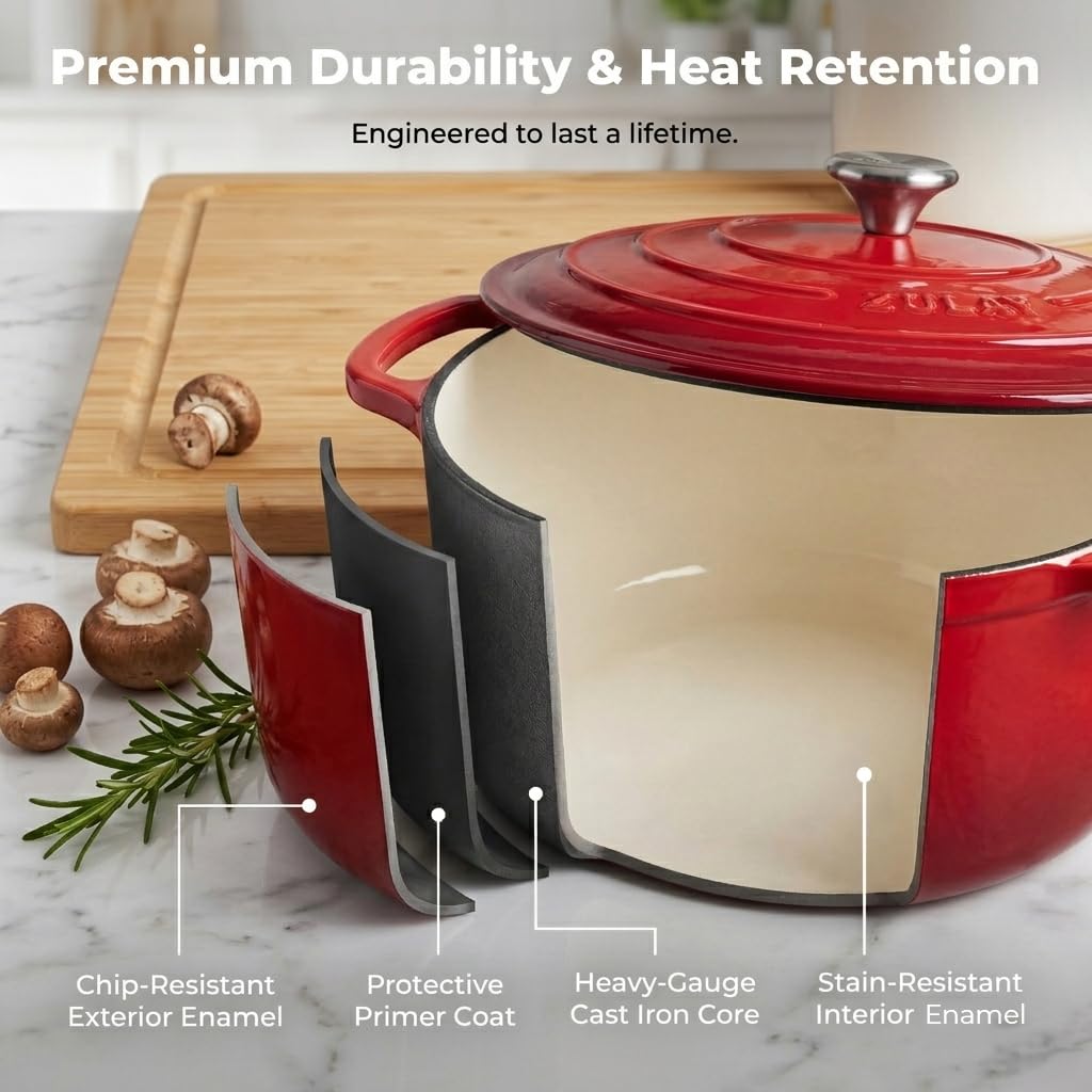 Zulay Olla holandesa de hierro fundido esmaltado de 6 cuartos con tapa, apta para horno hasta 260.0 °C, perfecta para hornear pan, guisos, estofados y cazuelas, utensilios de cocina de hierro fundido