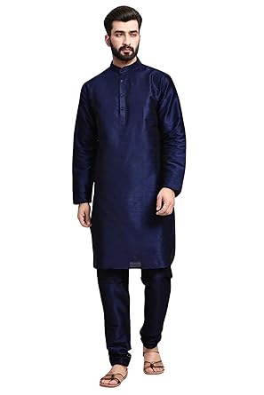 SKAVIJ Men's Art Silk Solid Kurta Pyjama Set Festive Woven Design 2-Piece Ethnic Dress