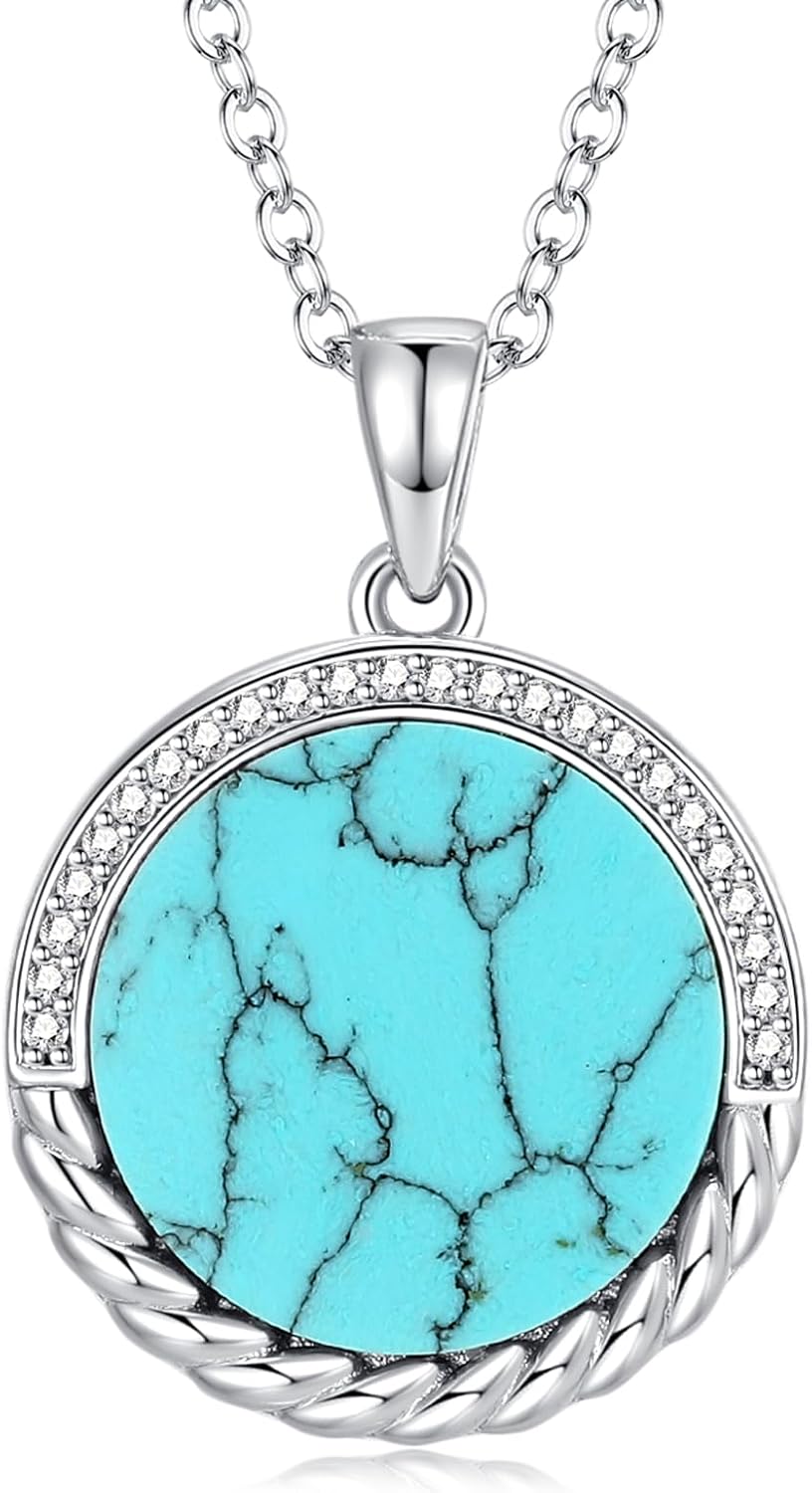 FANCIME Turquoise Necklaces for Women Sterling Silver Turquoise Circle Pendant December Birthstone Necklace Western Jewelry Anniversary Birthday Gifts for Her Women, Chain 16"+2" Extend