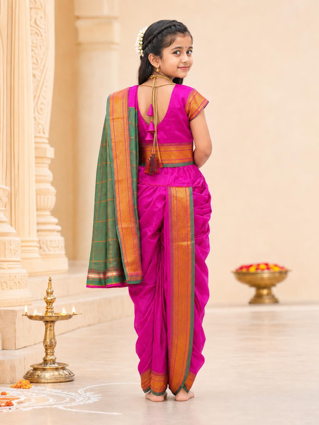 Luster Shahi Mastani Nauvari saree for kids/girls Ready-to-wear with a stitched blouse, Traditional Maharashtrian Marathi saree, for School program ganpati pujas festival (Purple, 12-18 Months)
